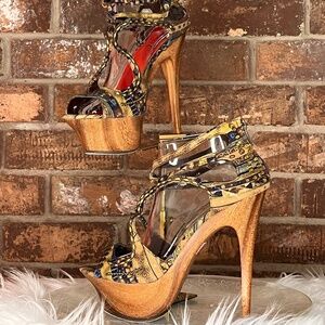 Brown/Tan/Blue Open Toe Platform Heels